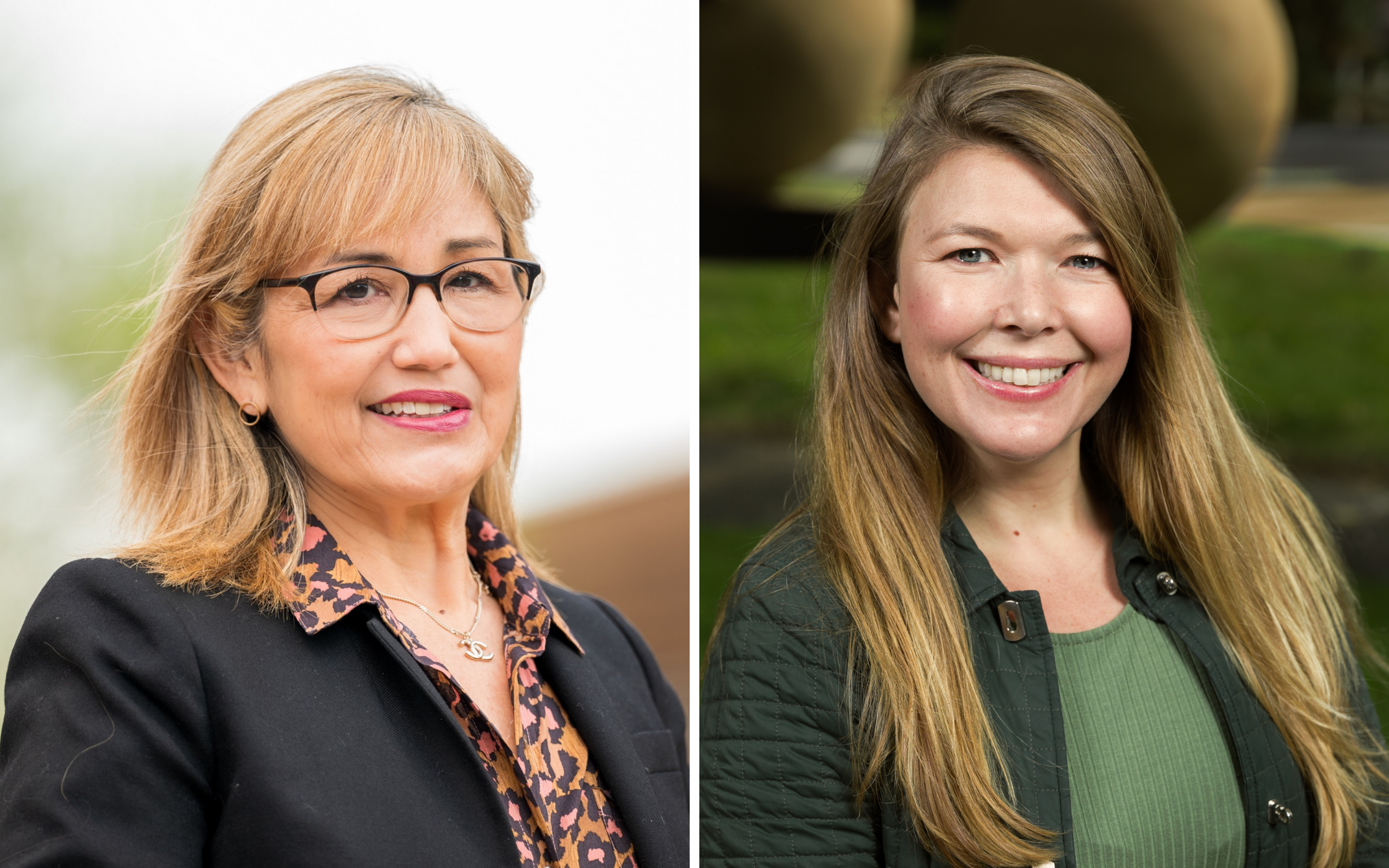 A headshot of Nancy Miyahira and a headshot of Deirdre MacWilliams side by side