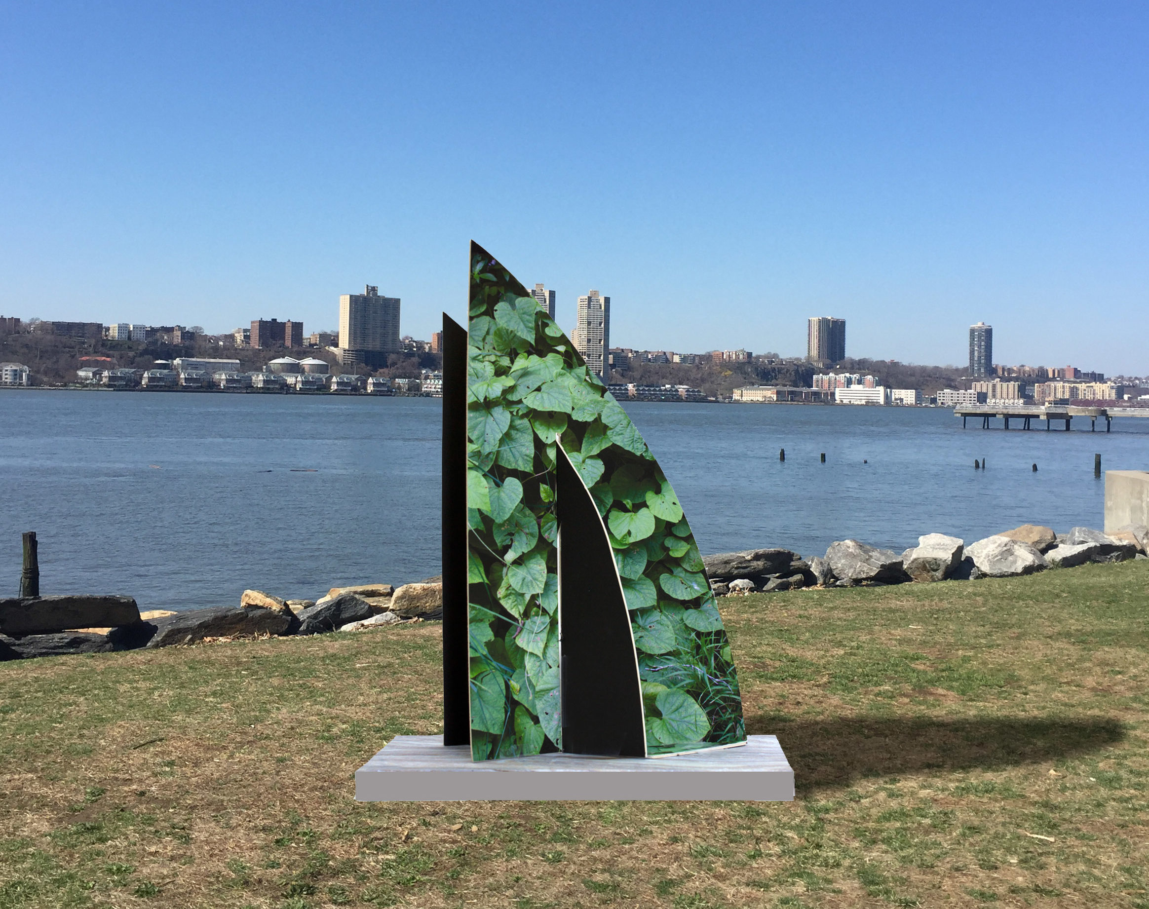Green geometric sculpture with Hudson River in the background