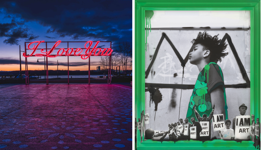 Neon art installation that says 'I love you'; artwork by Blu Murphy