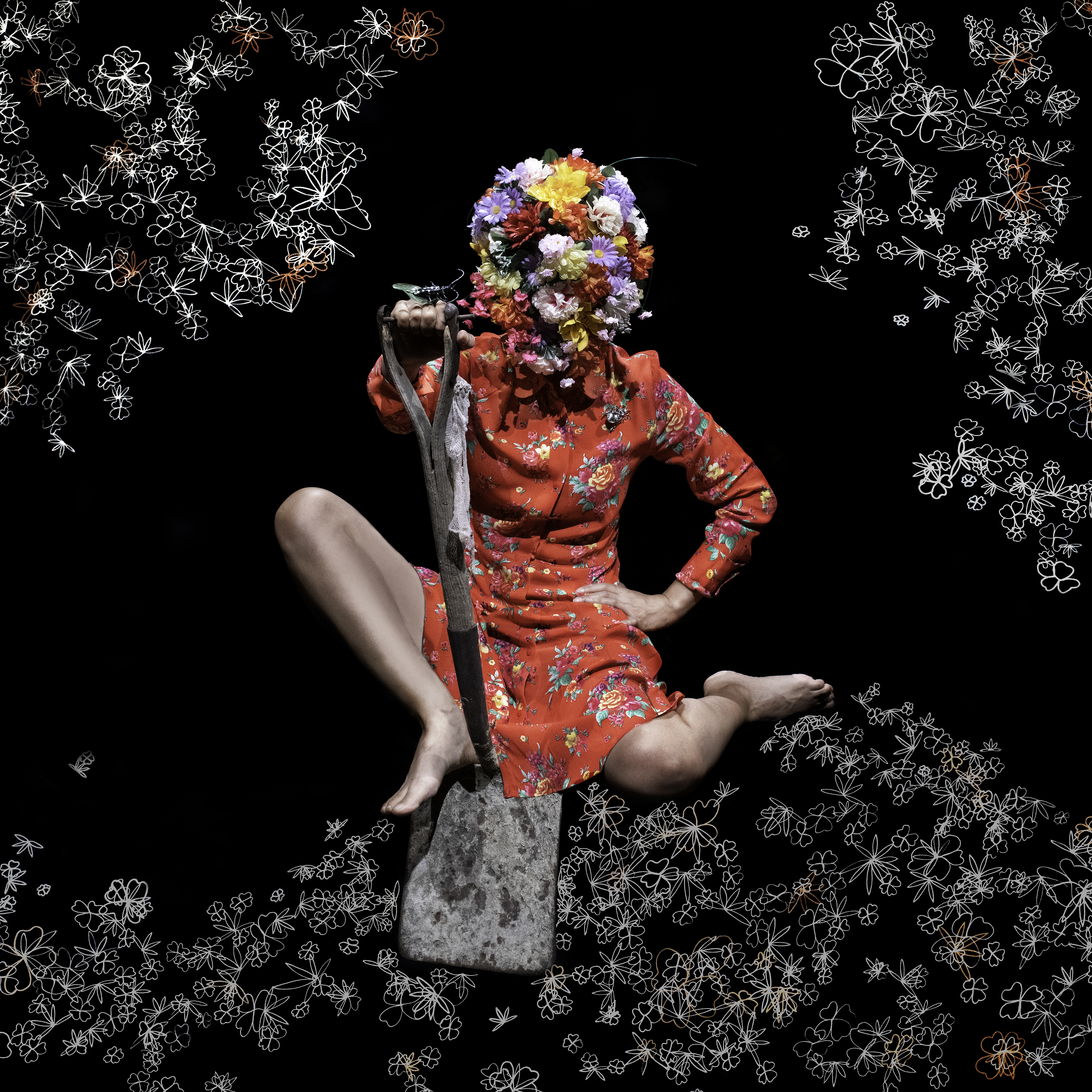 An art print showing a female body with a flower bouquet head seated with legs bent at odd angles, holding a shovel