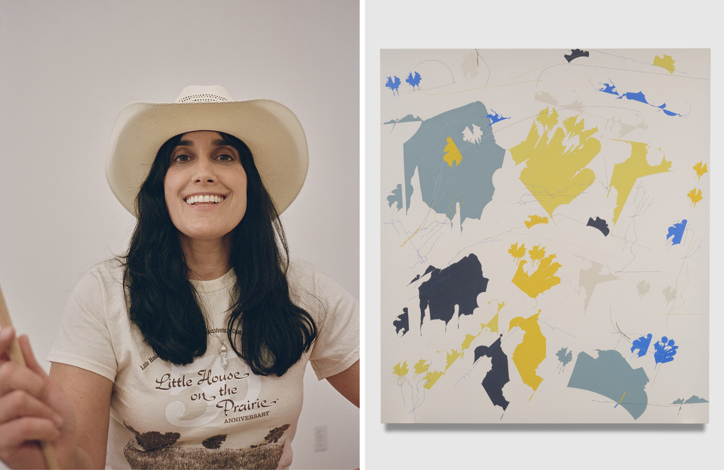 2 photos side by side. Headshot of the artist next to one of her paintings.