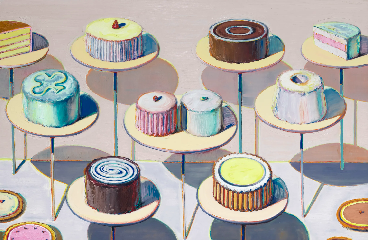 Wayne Thiebaud, Cakes & Pies, 1994–1995. Oil on canvas, 72 x 64 in. (182.9 x 162.6 cm). Collection of the Kemper Museum of Contemporary Art, Kansas City, Missouri, Bebe and Crosby Kemper Collection, Gift of the Enid and Crosby Kemper Foundation, 1995.100.01. © 2025 Wayne Thiebaud Foundation / Licensed by VAGA at Artists Rights Society (ARS), NY. Photograph by E. G. Schempf, 2019