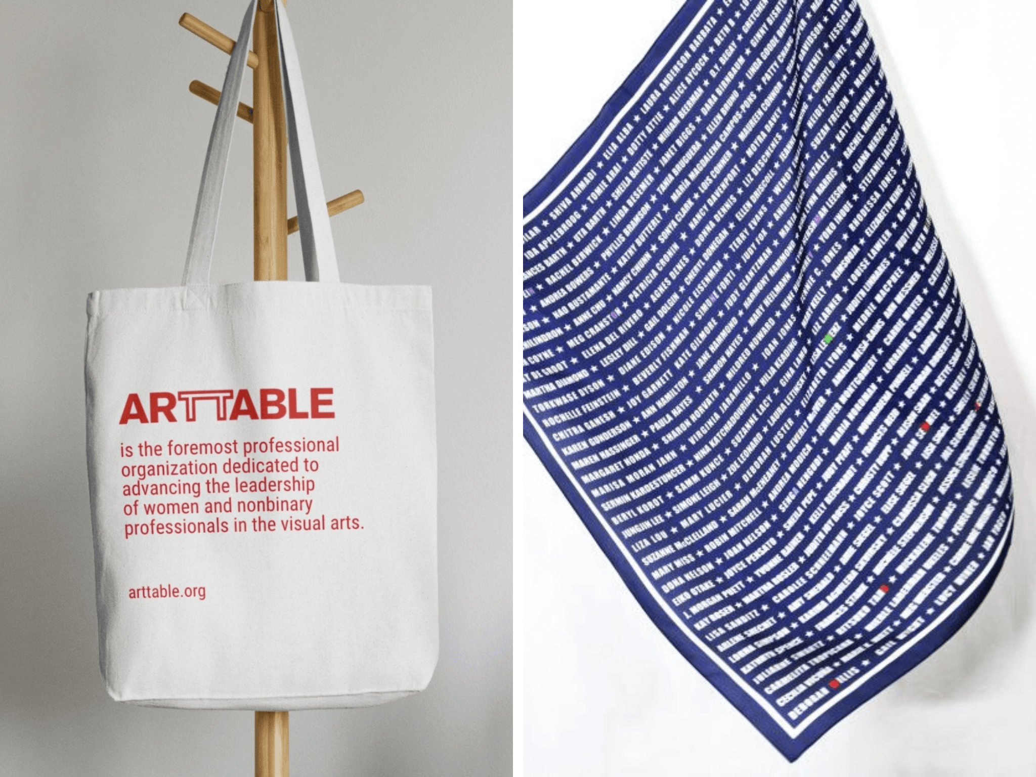 Image of ArtTable's tote bag and a scarf side by side