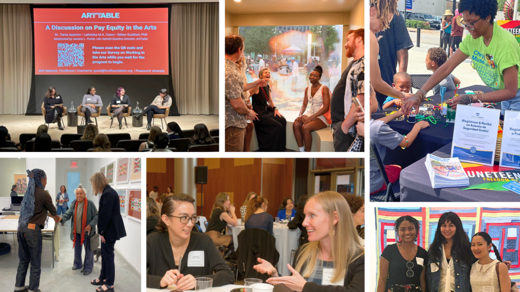 Top to Bottom (L to R): 2023 Panel Discussion on Pay Equity in the Arts, Nzinga Simmons (2025 Fellow), Ciyani Smith (2025 Fellow), Sierra Burton (2025 Fellow), meeting artist Betye Saar, Past CareerRoundTable event, three former ArtTable FellowsArts with Dr. Tania Aparicio, LaKeisha M.A. Caton, and Gillian Gualtieri, PhD. Moderated by Jessica L. Porter, Lila Harnett, Executive Director, ArtTable