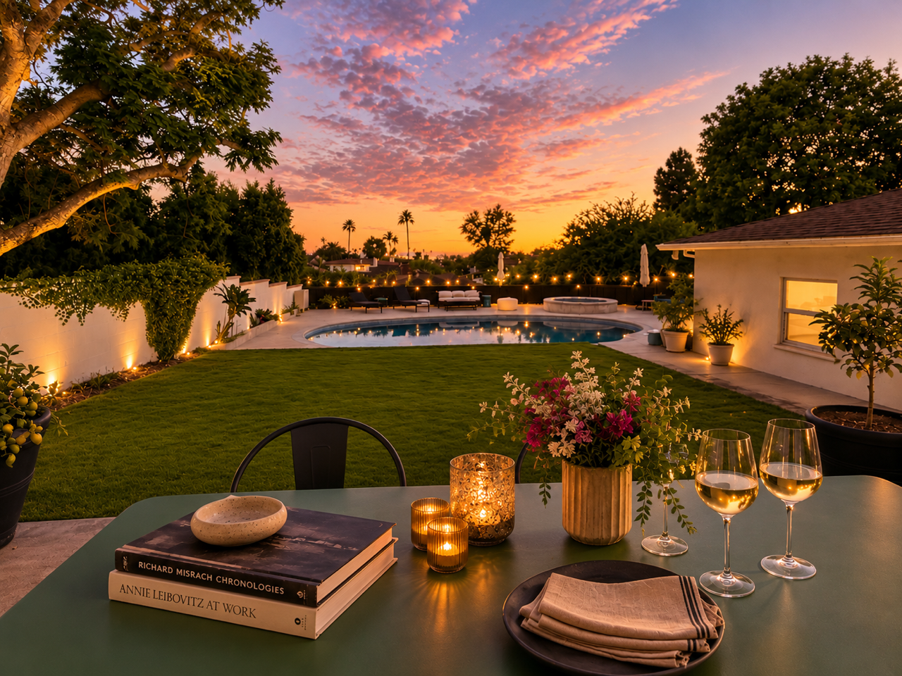 Shelley De Soto's backyard with a pool and hot tub in the distance with a grassy backyard and table with art books and cocktails all at sunset