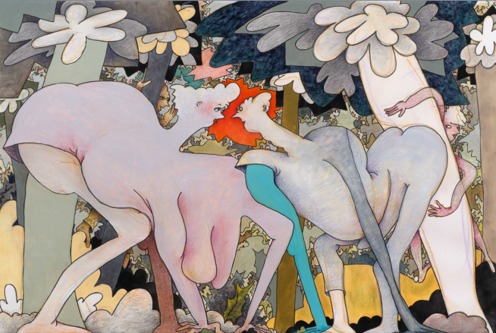Gladys Nilsson (American, born 1940) Spark, 2023. Watercolor, gouache, graphite, colored pencil, ink and crayon on paper, 40 1/4 x 60 1/4 in (102.2 x 153 cm). Courtesy the Artist, Garth Greenan Gallery, New York and Parker Gallery, Los Angeles. Photo by Paul Salveson.   

