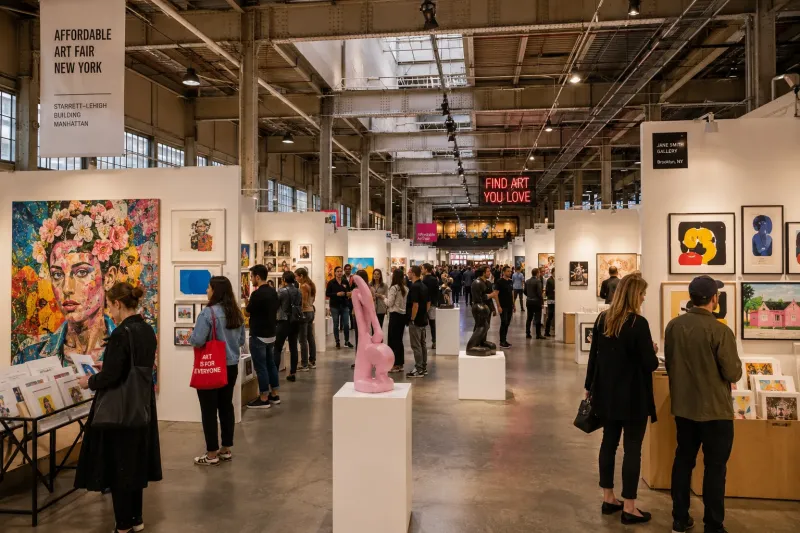 crowd of people looking at art at affordable art fair at starrett lehigh building